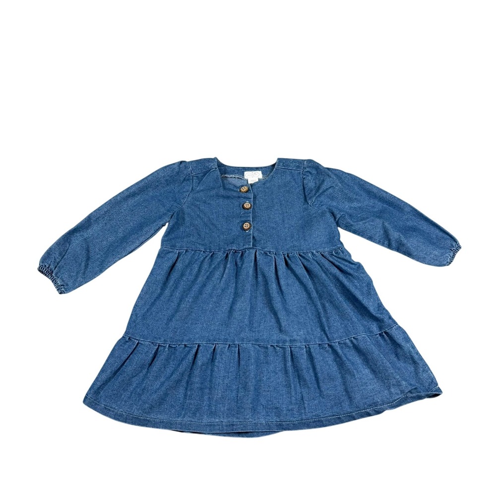 Mud Pie Girls 24M 2T Denim Dress Blue Tiered Long Sleeve Boho Cottagecore Casual